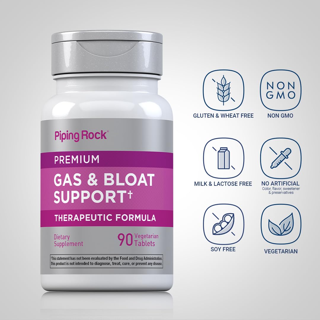 Piping Rock Bloat & Gas Support for Men & Women | 90 Tablets | Extra Strength Pills | Supplement with Enzymes, Turmeric, Ginger & More | Non-GMO & Vegetarian Formula