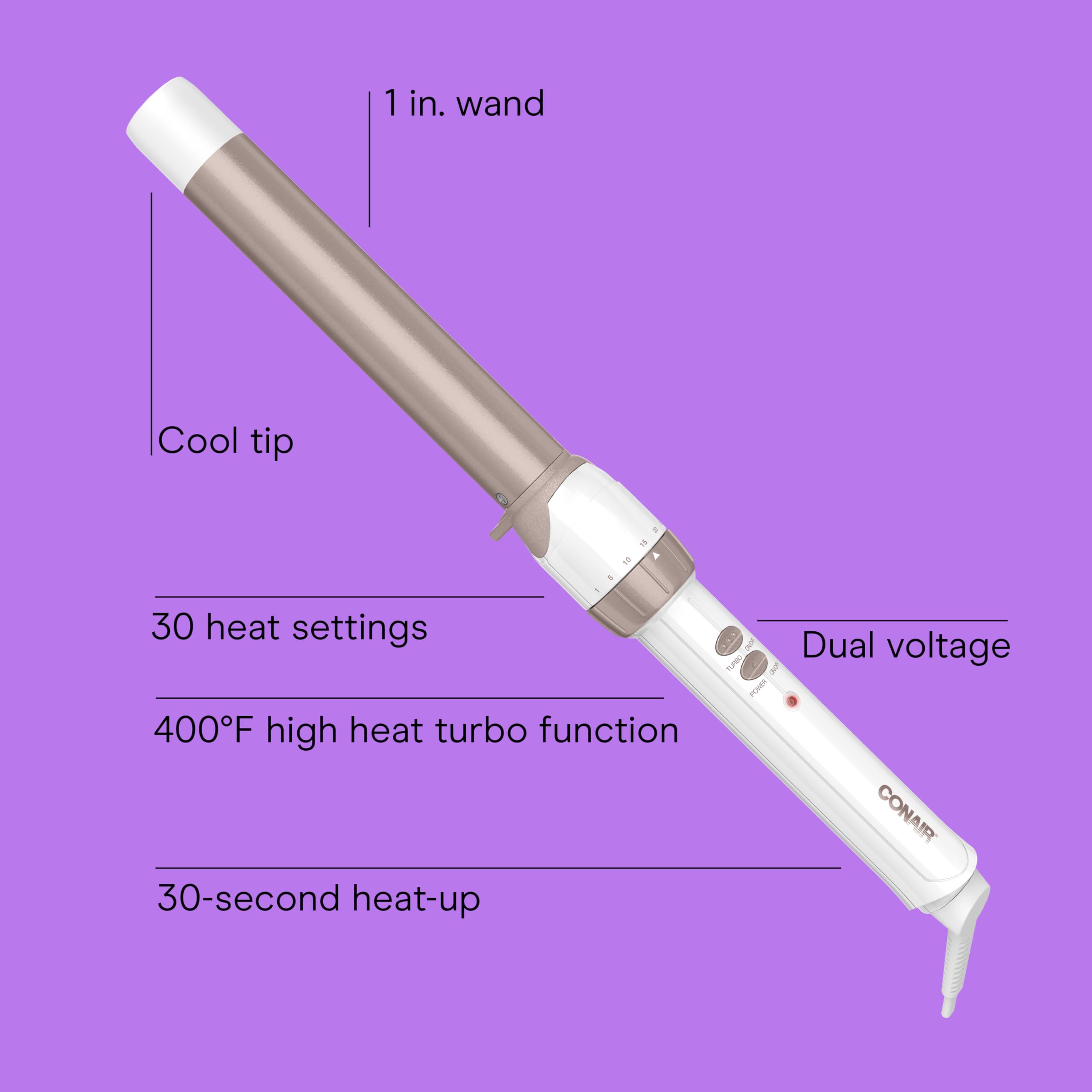Conair Double Ceramic 1-Inch Curling Wand, Produces Flawless Waves, Curling Iron for Use on Medium and Long Hair, 30 Heat Setting Curling Iron, White