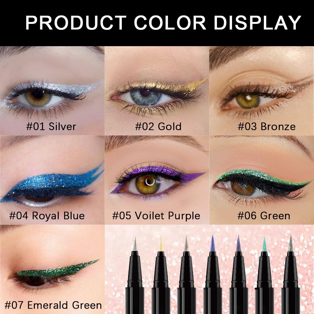 evpct 1Pcs Silver Glitter Shimmer Colored Liquid Eyeliner Eye Shadow Makeup Pencil Pen, Pearl White Face Body Glitter Makeup Fake Eyelashes Mascara Accessories, Sparkle Metallic Eyeliner Waterproof