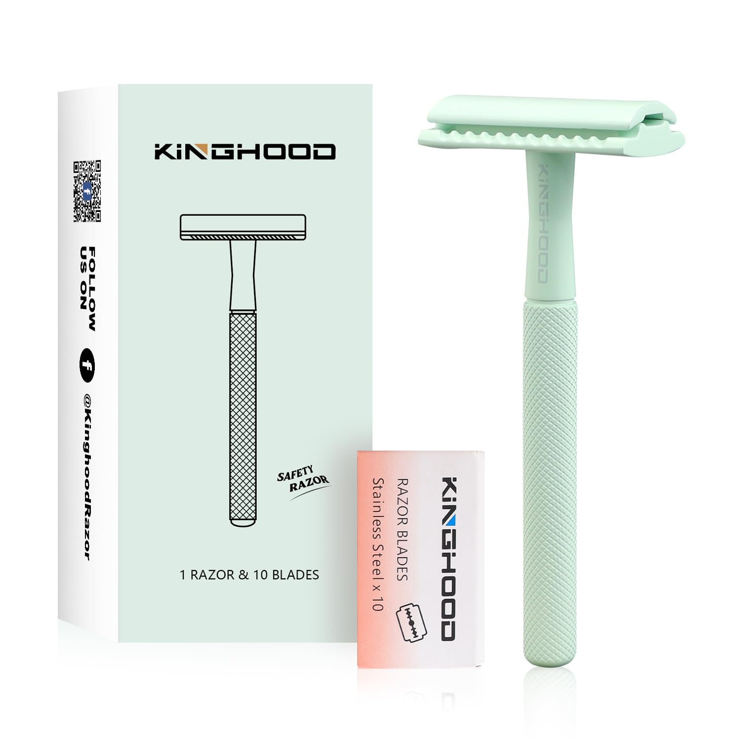 KINGHOOD Brass Safety Razor with 10 Blades,One Blade Razor Reusable Razor Eco-Friendly Razor Long Handle & Weighted Razor,Double Edge Razor Single Blade Razor for Sensitive Skin