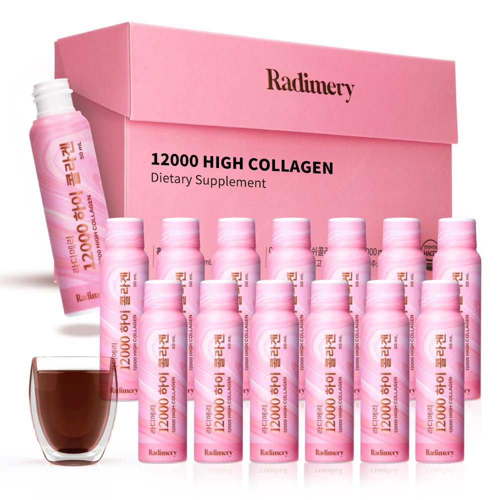 Radimery 12000 High Collagen Liquid (50ml x 5~14) - 12000mg with Hyaluronic Acid, Elastin, and Vitamin C - Supports Healthy Hair, Beautiful Skin, Nails, Strong Bones,and Essential Antioxidant (14ea)