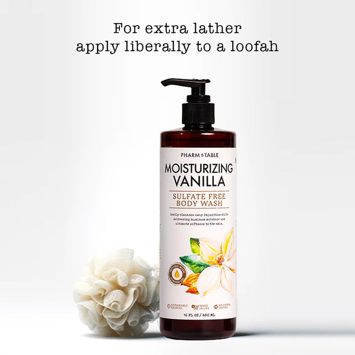PHARM TO TABLE Moisturizing Vanilla Body Wash for Women and Men - Moisturizes and Softens the Skin, Sulfate Free, 100% Cruelty Free, 480ml