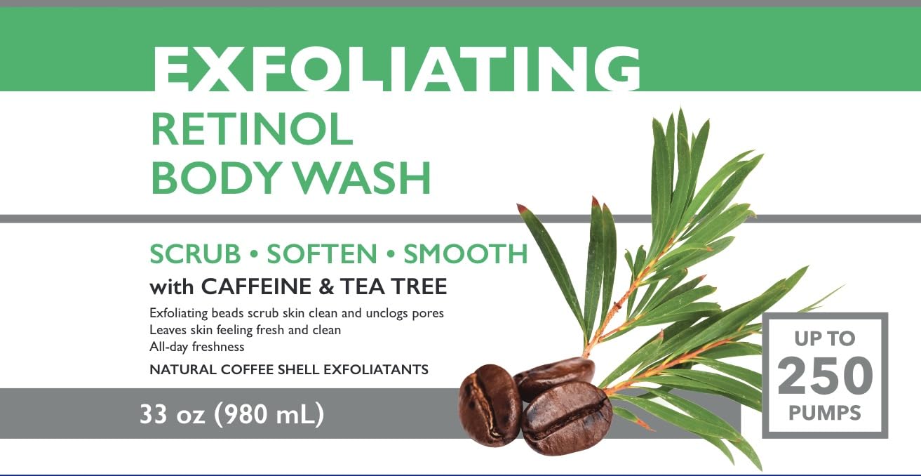 Spascriptions Exfoliating Retinol Shower Scrub with Caffeine & Tea Tree (33 fl oz), Refreshing Body Scrub Exfoliates and Brightens Skin, Nourishing Body Care for Women and Men, Cruelty Free