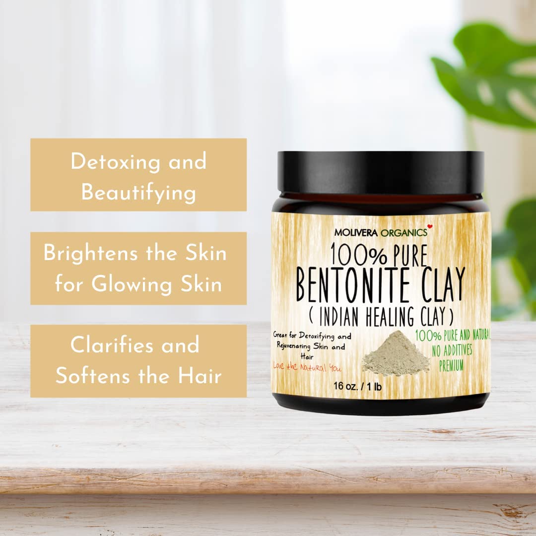 Molivera Organics Premium 1 lb Bentonite Clay Pure, Natural Detoxifying Clay for Face Masks, Hair Care & More - Best Healing Clay - USA Made