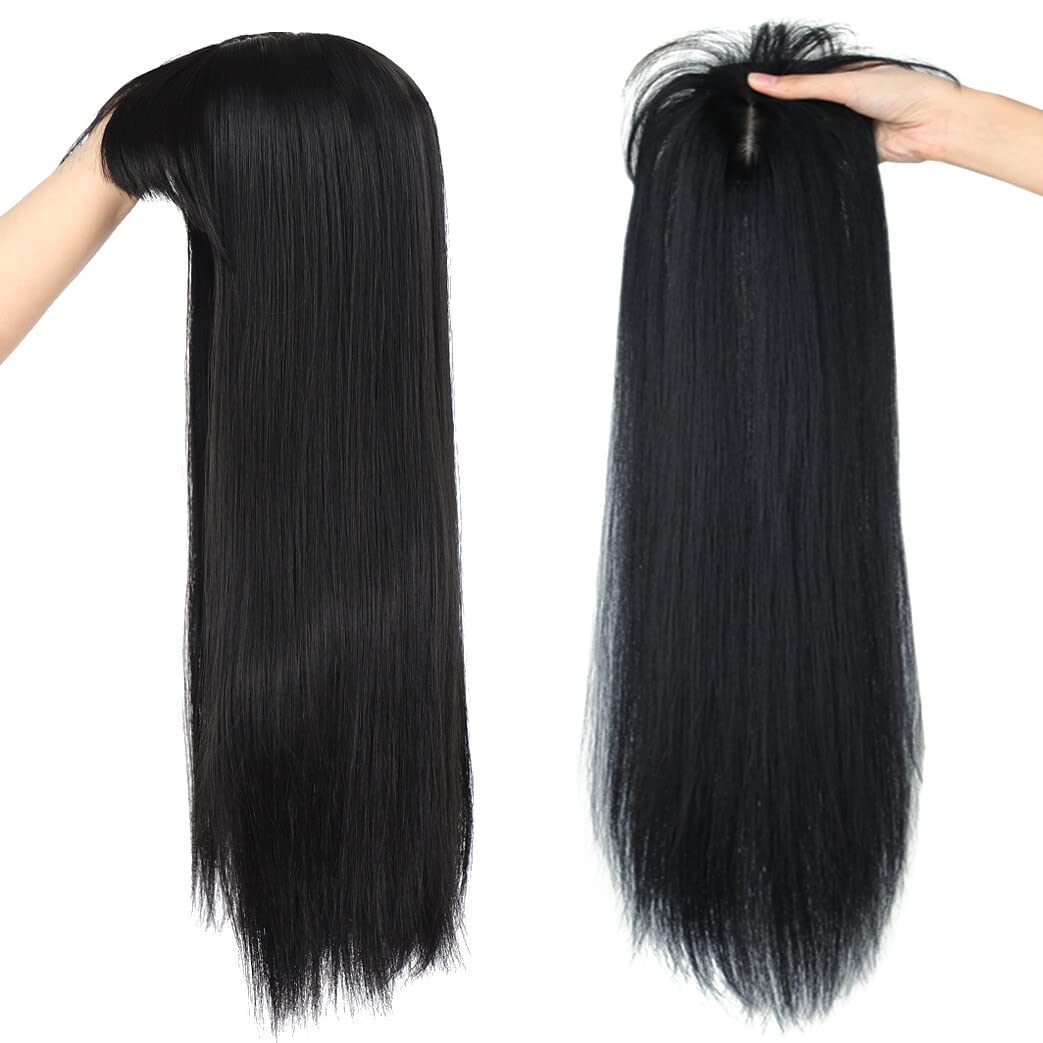 LesafeV 50cm Long Seamless Nature Look Clip in Hairpiece with Side-Fringe Extension Forehead Topper for Women with Thinning Hair Straight Black