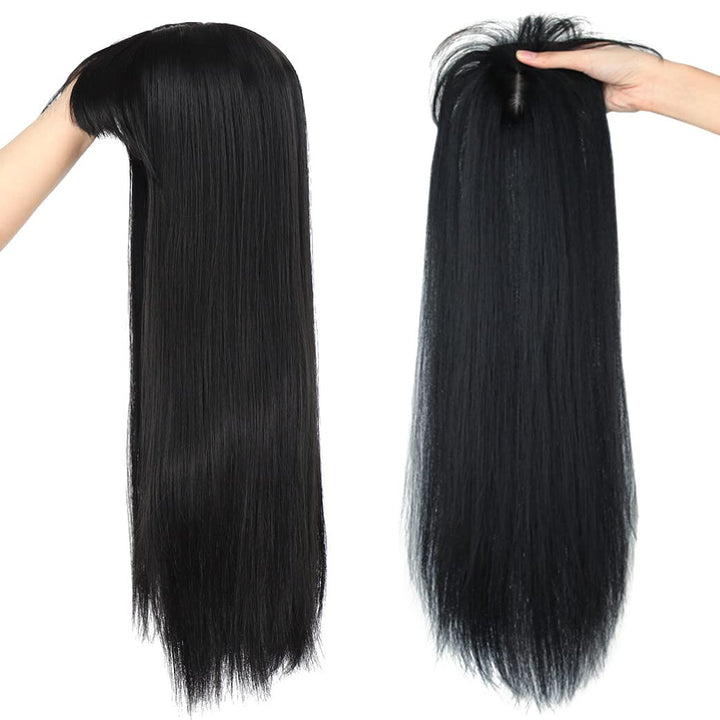 LesafeV 50cm Long Seamless Nature Look Clip in Hairpiece with Side-Fringe Extension Forehead Topper for Women with Thinning Hair Straight Black