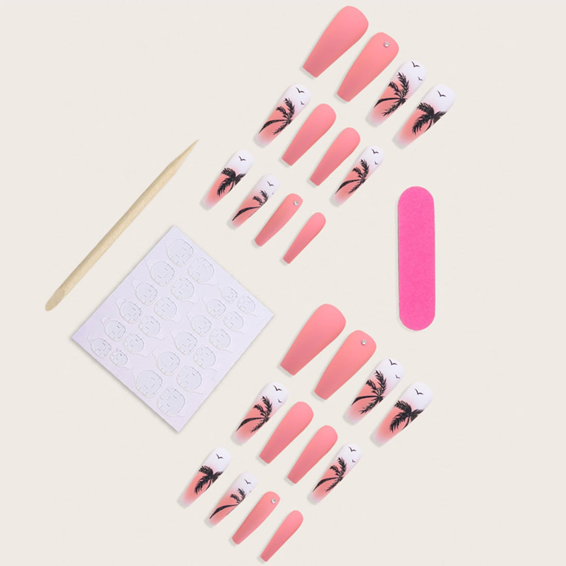 Pink Press on Nails Long Square Coffin Shape Fake Nails with Rhinestone Designs Summer Coconut Tree Pattern Orange Matte Stick on Nails Full Cover Palm Tree Acrylic Nails Glue on Nails for Women 24Pcs