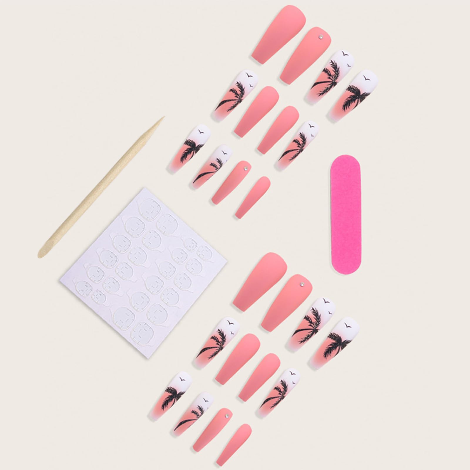 Pink Press on Nails Long Square Coffin Shape Fake Nails with Rhinestone Designs Summer Coconut Tree Pattern Orange Matte Stick on Nails Full Cover Palm Tree Acrylic Nails Glue on Nails for Women 24Pcs