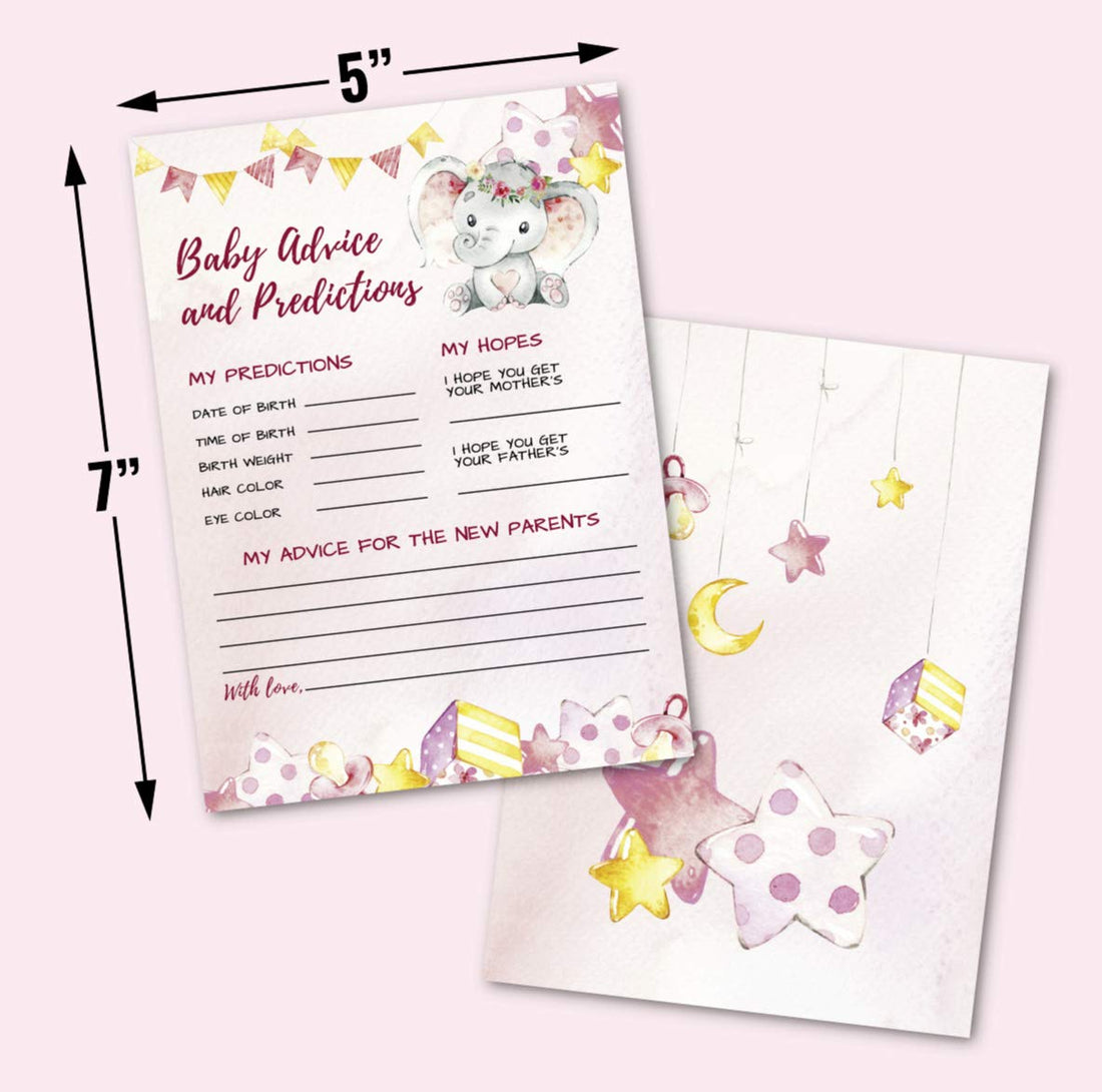 50 Deluxe Pink Elephant Advice and Predictions Cards- Large Double Sided 5 x 7 Inch for Baby Girl Shower Game, New Parent Message Book, Mom & Dad to Be, Decorations