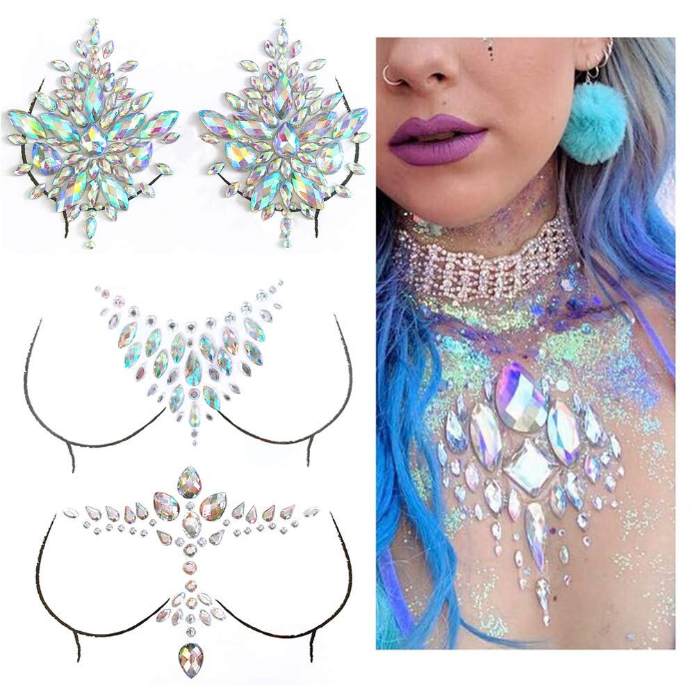 MANGOIT Breast Jewels Tattoo Rhinestone Chest Sticker Temporary Tattoo Glitter Breast Body Gems Tattoo Sticker Body Art Decor Jewel Paste for Festival Makeup(3 Sets)
