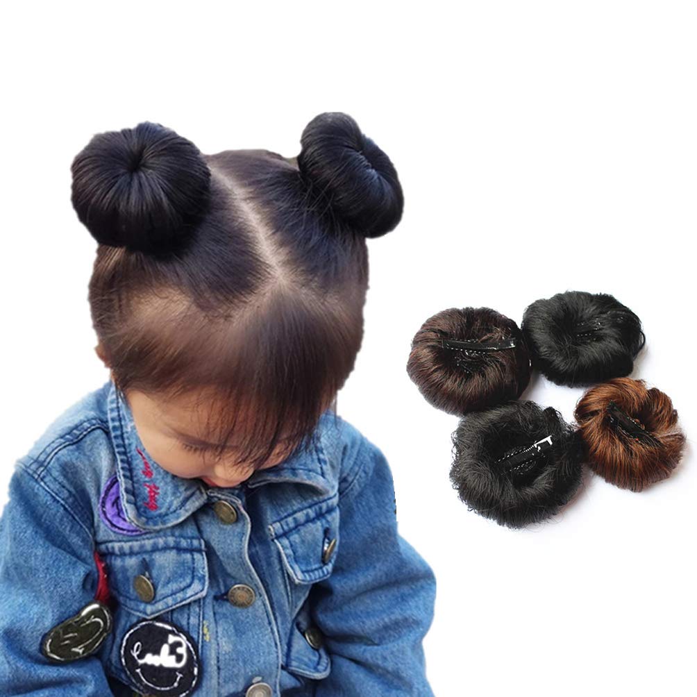 2 Pcs Synthetic Fiber Hair Bun with Alligator Clip Hair Extension Chignon Donut Bun Short Ponytail Wig Hairpiece for Baby Girls Small Size (Dark Brown)