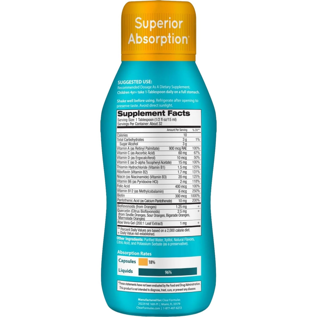 Sugar Free Liquid Multivitamin for Kids - High Absorption Kids Liquid Multivitamin with Vitamins A C D E & B Complex Plus Quercetin Immune Support Complex - 3rd Party Tested - Orange Flavor (1 Month)