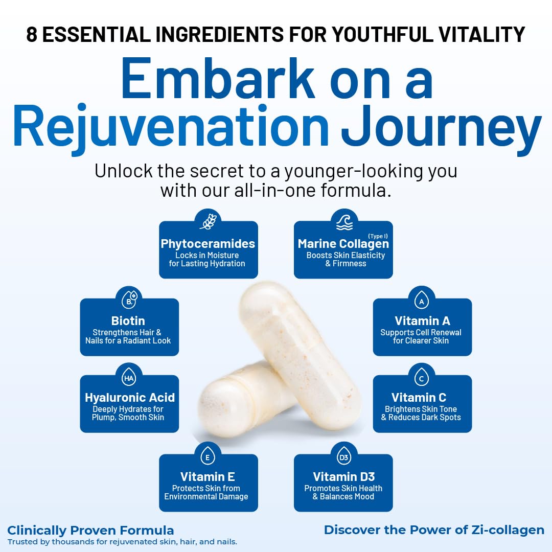 Zivere Zi-Collagen - Premium Collagen Capsules with Phytoceramides Hyaluronic Acid and Biotin - Skin Hair and Nails Advanced Anti Aging Supplement - Multivitamin for Women & Men - 60 Pills