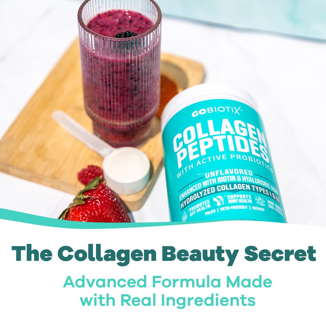 GOBIOTIX Collagen Powder Supplement with Probiotics - Hydrolyzed Protein Collagen Powder for Women - Hair Skin and Nails, Joint and Digestive Health - Collagen Peptides Type I and III - 30 Servings