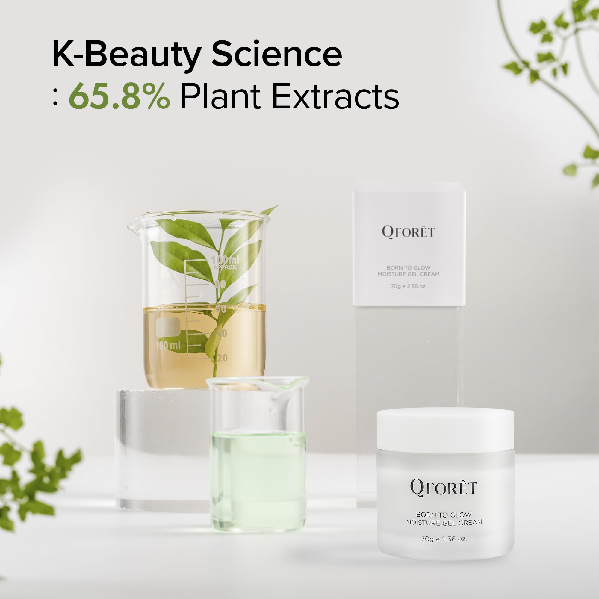 QFORET Vegan Hydrating Gel Cream – Korean Moisturizer with Hyaluronic Acid, Ceramide & Plant-Based Mucin for Dry and Sensitive Skin, 65% Plant Extracts, 2.36oz