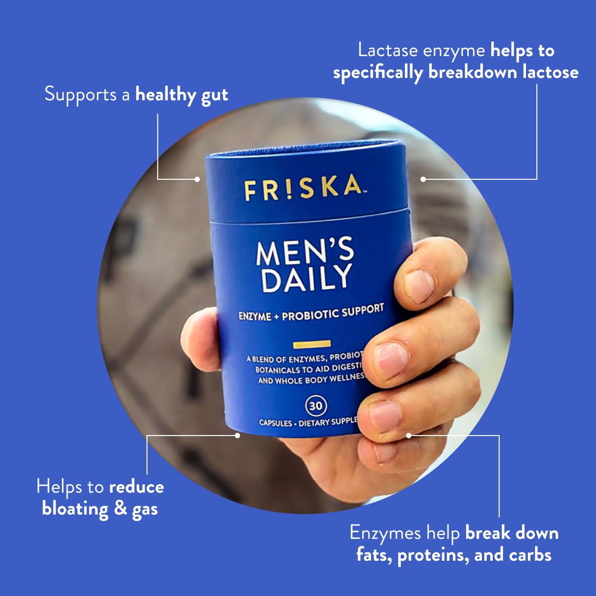 FRISKA Men’s Daily Digestive Enzyme and Probiotics Supplement, Natural Support for Male Digestive Health, Bloating, Gas, Indigestion Relief, Supports Gut Health, Lactase and B-Vitamins, 30 Capsules