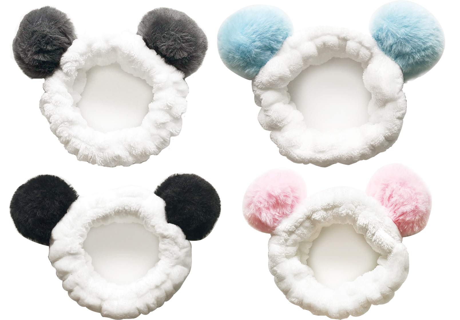 CRIZAN 4 Pack Cute Plush Panda Bear Ear Hair Band for Washing Face, Beauty Spa Facial Headband, Makeup Running Sport Headband for Women's Hair, Hair Wraps Headbands Spa Non Slip