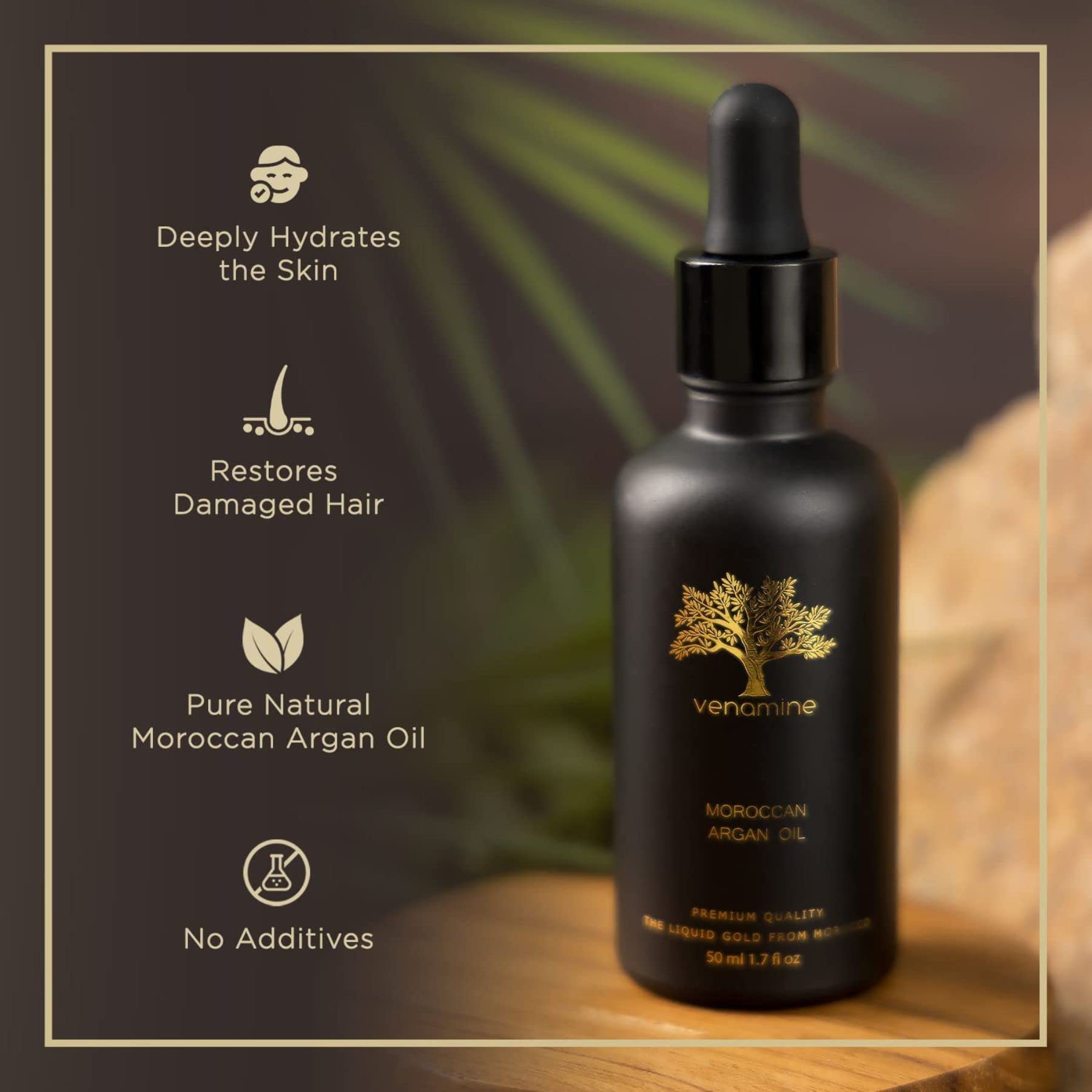 VENAMINE Organic Argan Oil, 100% Pure USDA Certified, For Hair, Face & Skin, Imported from Morocco 50 ml 1.7 fl.oz