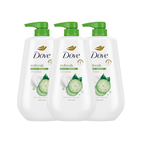 Dove Body Wash with Pump 3 Count Refresh Cucumber and Green Tea for 24hr Lotion-Soft Skin Moisturizing Skin Cleanser with No Sulfates No Parabens