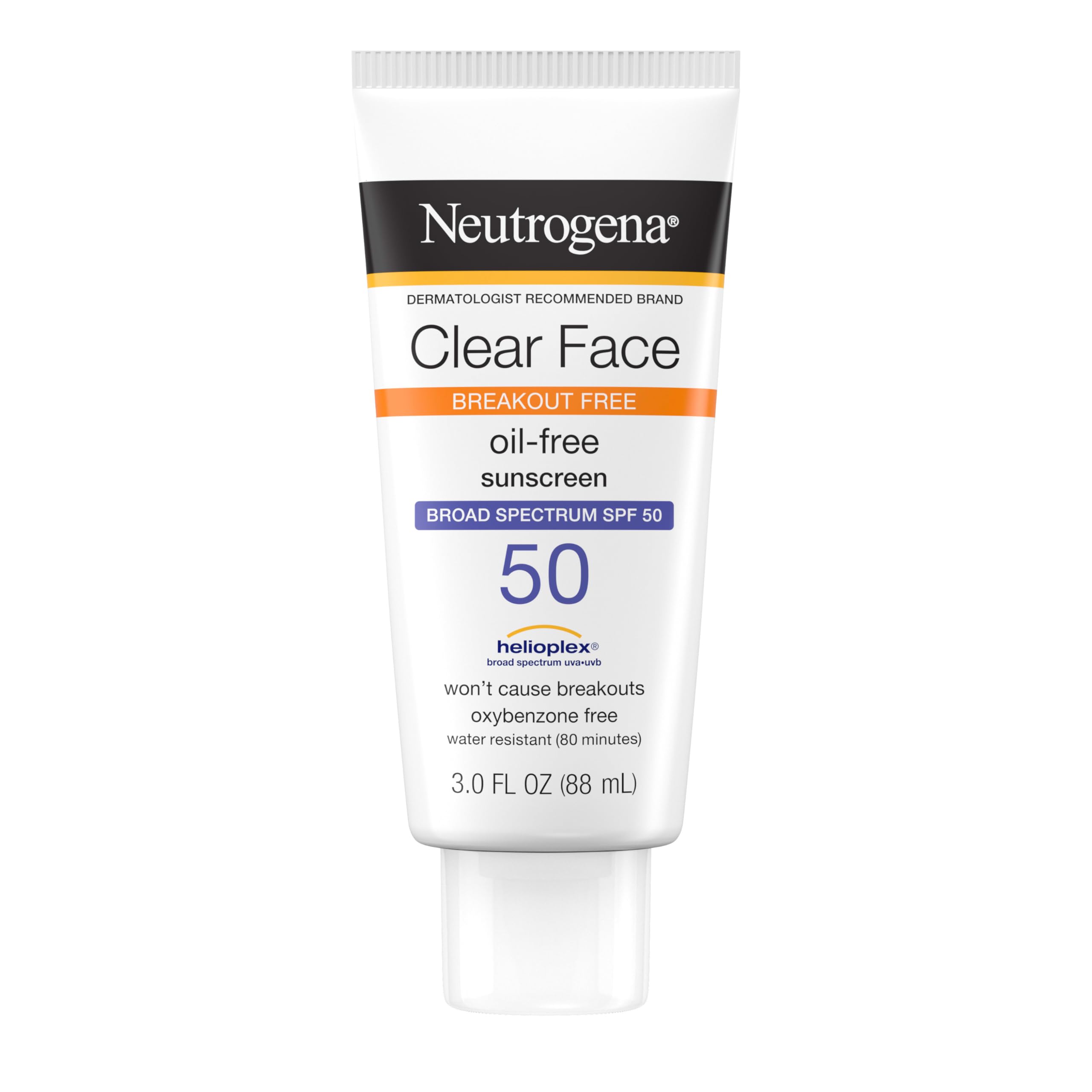 Neutrogena Clear Face Sunscreen Lotion for Acne-Prone Skin, Broad Spectrum SPF 50 Facial Sunscreen for Oily Skin, Oil-, Fragrance- & Oxybenzone-Free Water Resistant Sunscreen, 3 fl. oz