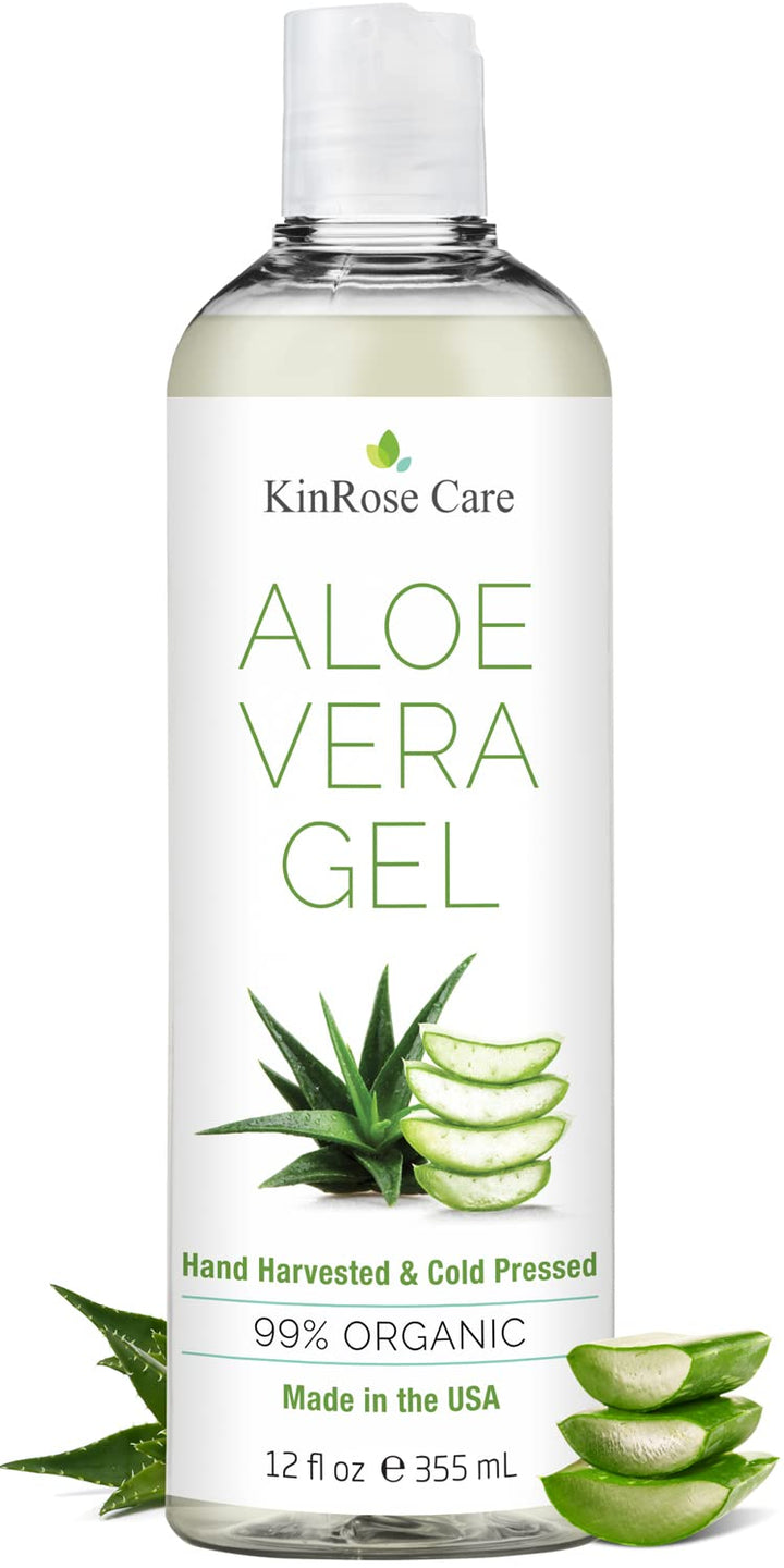 KinRose Care, 12oz Organic Aloe Vera Gel for Face, Skin, Hair & Sunburn Relief - From 100 Percent Pure Aloe Vera - Cold Pressed, Vegan, Unscented - Made in USA.