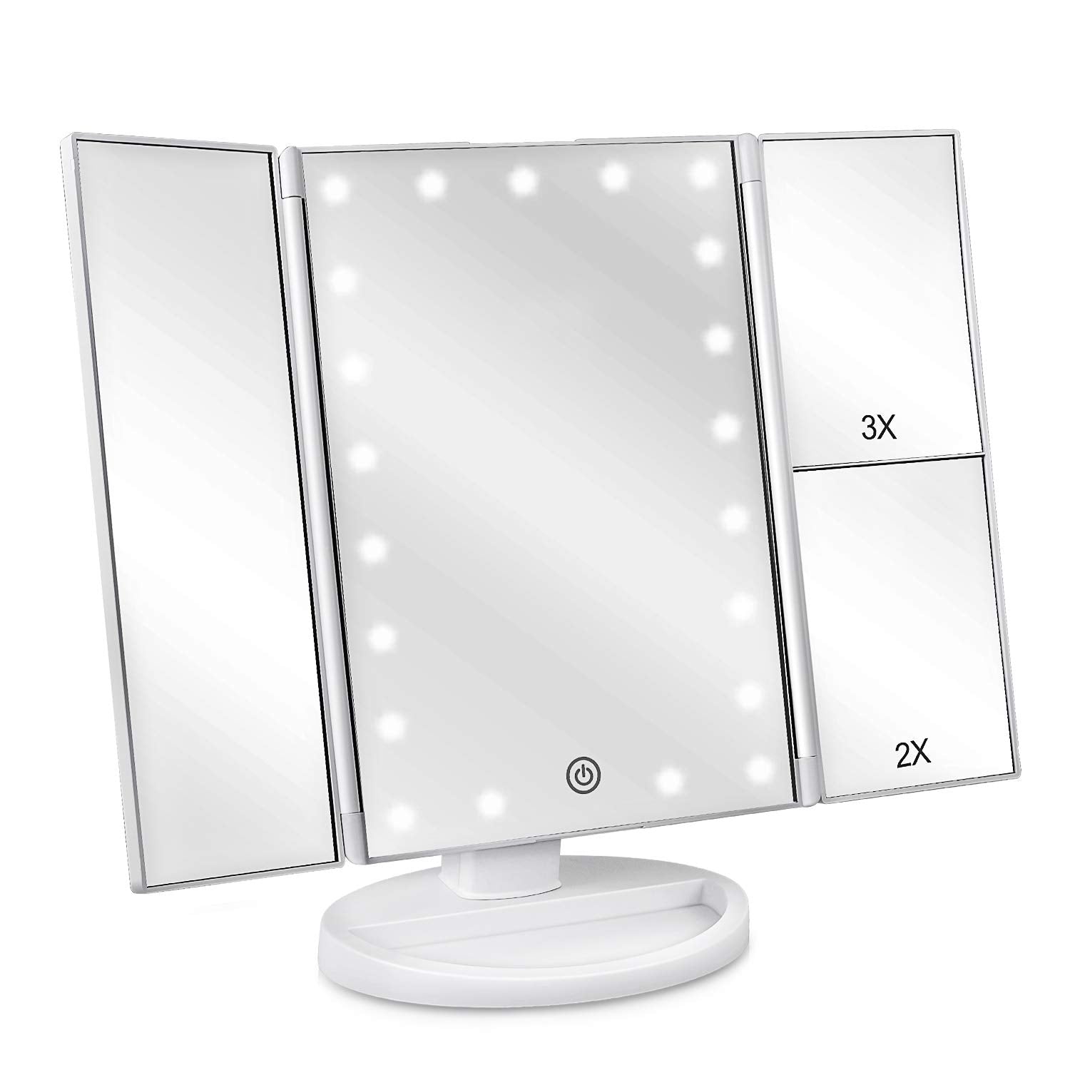deweisn Floor Mount Tri-Fold Lighted Vanity Mirror with 21 LED Lights, Touch Screen and 3X/2X/1X Magnification, Two Power Supply Modes Make Up Mirror,Travel Mirror