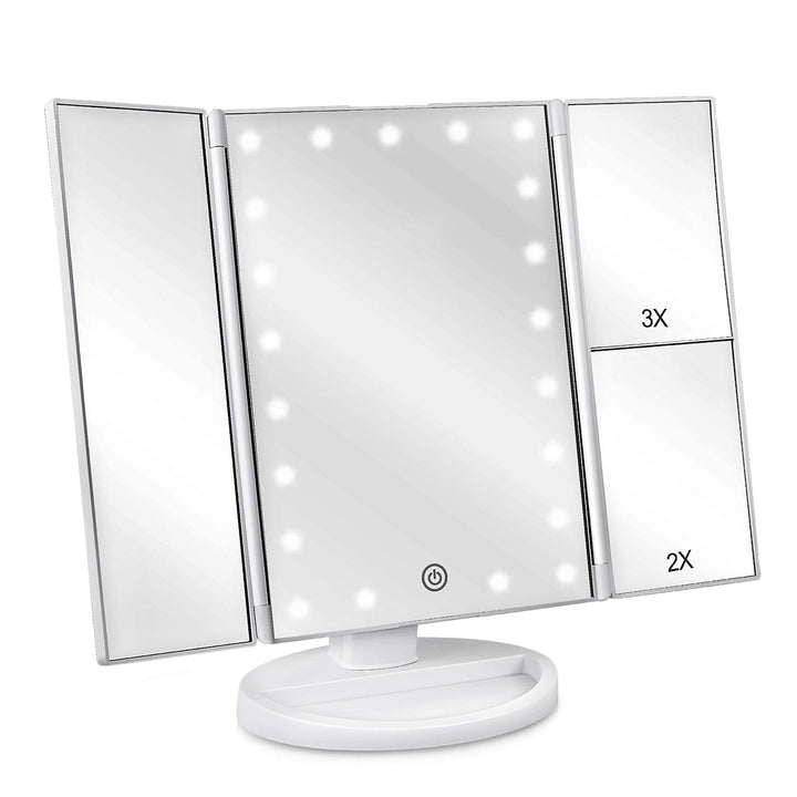 deweisn Floor Mount Tri-Fold Lighted Vanity Mirror with 21 LED Lights, Touch Screen and 3X/2X/1X Magnification, Two Power Supply Modes Make Up Mirror,Travel Mirror