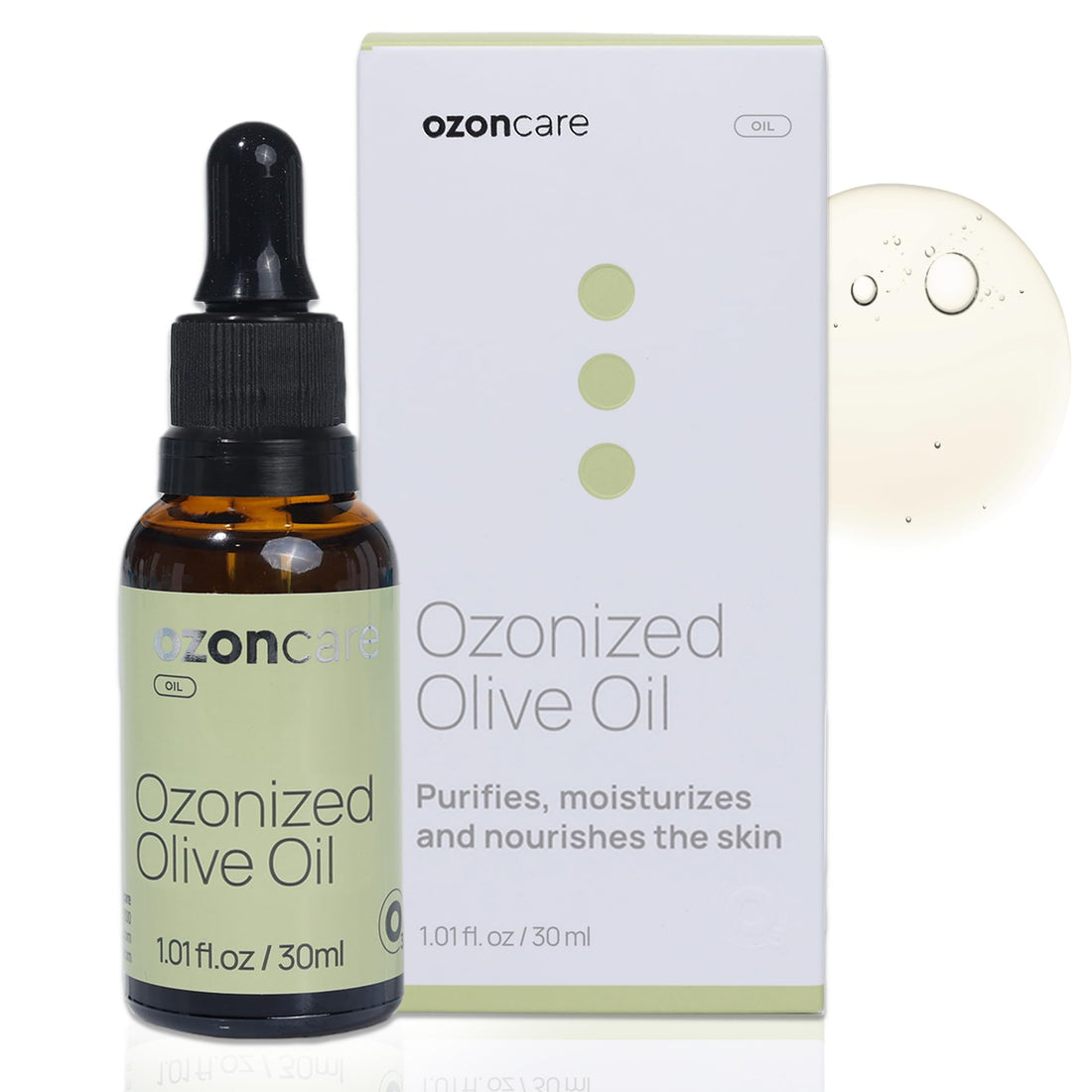 OZONCARE Ozonated Olive Oil - Moisturizing, Nourishing and Purifying Oil, Skin Treatment, Natural Products, Sensitive and Damaged Skin, Accelerates Skin Repair - VEGAN, Paraben Free - 1.05Oz/30 g