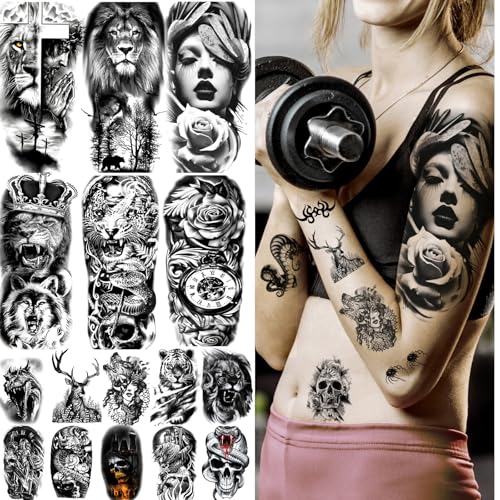 JEEFONNA 82 Sheets Temporary Tattoo for Men Women Adults, Include 12 Sheets Black 3D Half Sleeve Temporary Tattoos, Halloween Tattoos Scary Lion Wolf Tiger Skull Skeleton Tattoos Stickers
