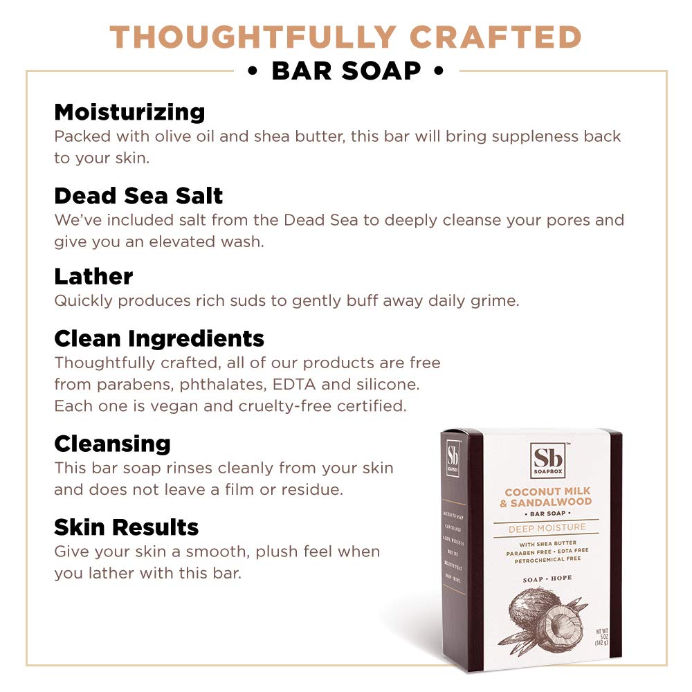 Soapbox Coconut Milk & Sandalwood Bar Soap, Moisturizing and Exfoliating Shea Butter & Olive Oil Bath Soap Bar for Hands and Body (Pack of 3)