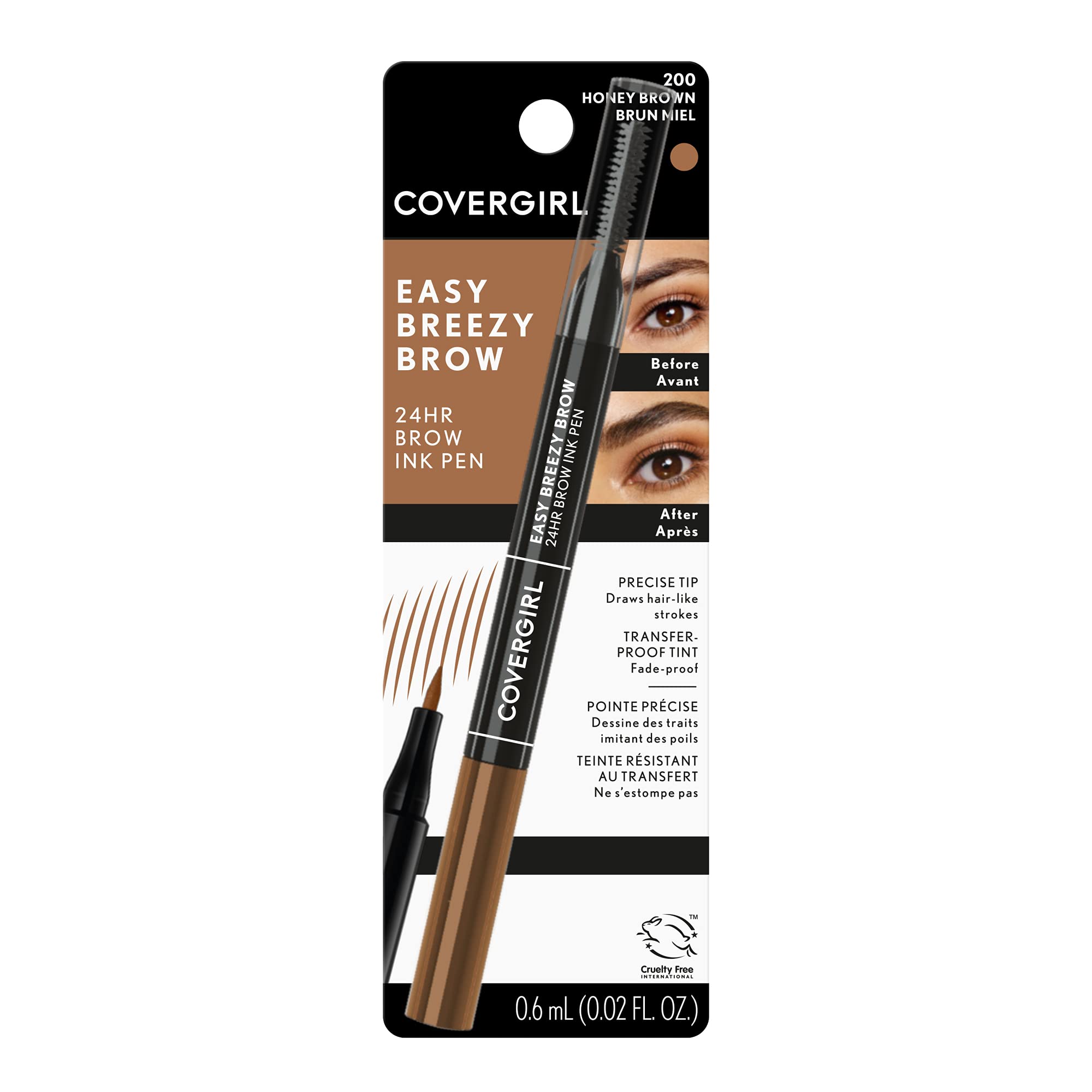 COVERGIRL - Easy Breezy Brow 24HR Brow Ink Pen™, dual applicator, ultra-precise felt-tip, spoolie comb, water-resistant, lightweight, 100% Cruelty-Free