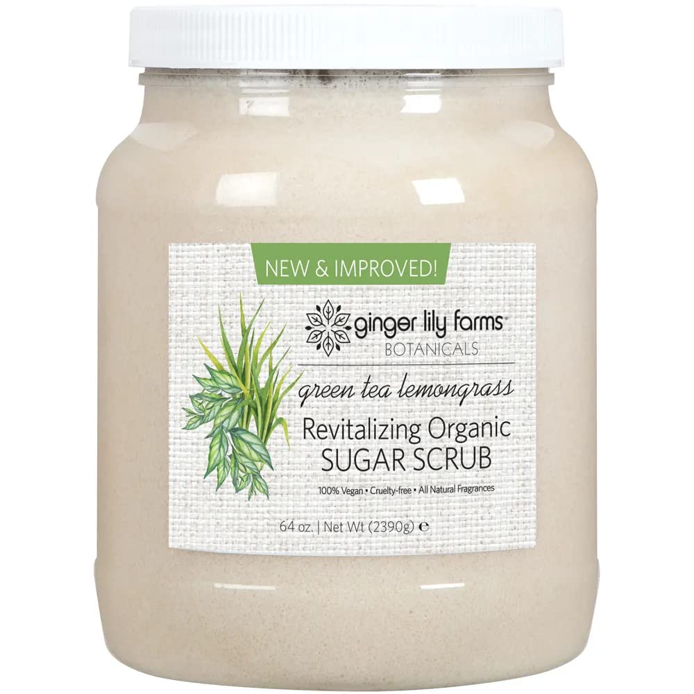 Ginger Lily Farms Botanicals Revitalizing Organic Sugar Scrub, All-Natural Skin Exfoliating Sugar Crystals, 100% Vegan & Cruelty-Free, Green Tea Lemongrass, 64 oz.