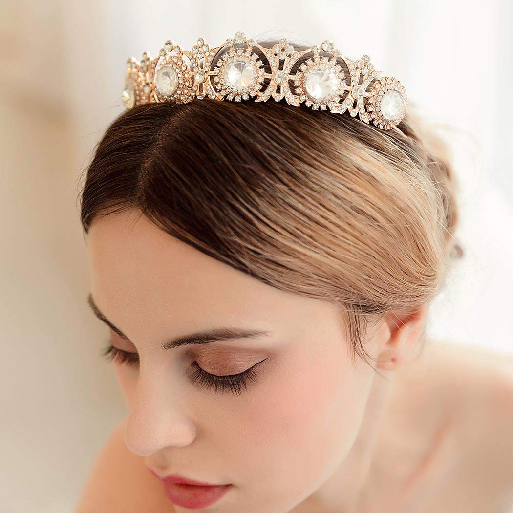 FDesigner Bride Crowns Wedding Crystal Tiaras Hair Jewelry Bridal Hair Accessories Princess Prom Headpieces for Women and Girls (Rose Gold)