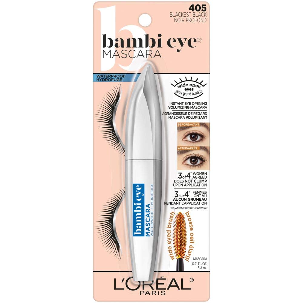 L'Oreal Paris Makeup Bambi Eye Mascara, Lasting Volume, Length & Lift, Doe-Eye Definition, No Clumping or Smudging, Waterproof, Blackest Black, 0.21 Fl Oz