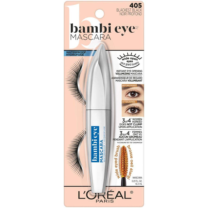 L'Oreal Paris Makeup Bambi Eye Mascara, Lasting Volume, Length & Lift, Doe-Eye Definition, No Clumping or Smudging, Waterproof, Blackest Black, 0.21 Fl Oz