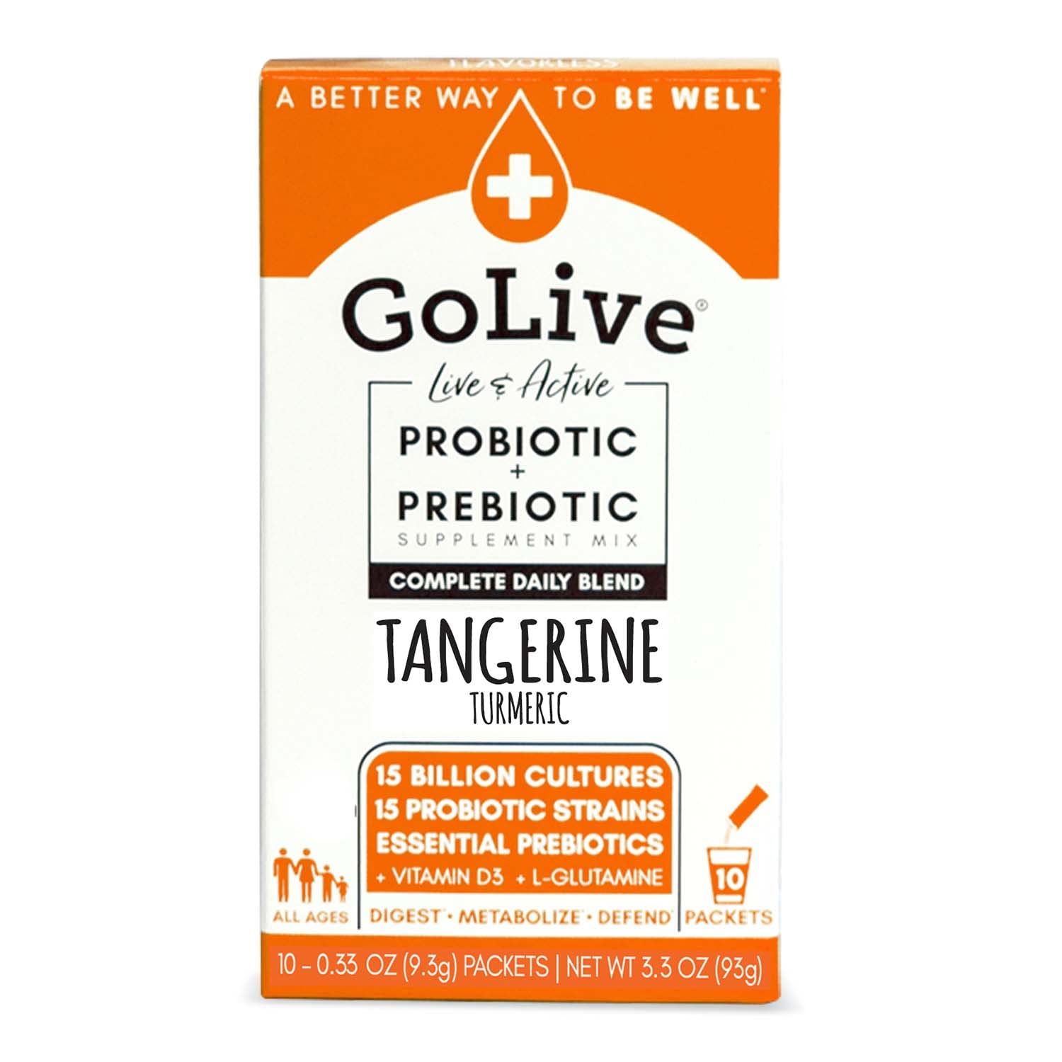 GoLive Prebiotic and Probiotic for Women, Men, Kids. Tangerine Turmeric Synbiotic Powder w/ L-Glutamine, Vitamin D3, Electrolytes. For Gut Health, Digestion, Metabolism, Immunity 15-50B CFUs.