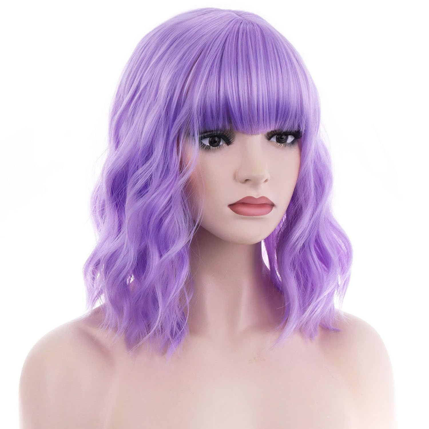 BERON 14 Inches Purple Wig for Women Short Curly Wig Purple Wig with Bangs Light Purple Wigs for Women Lavender Wig Colorful Wigs with Wig Cap