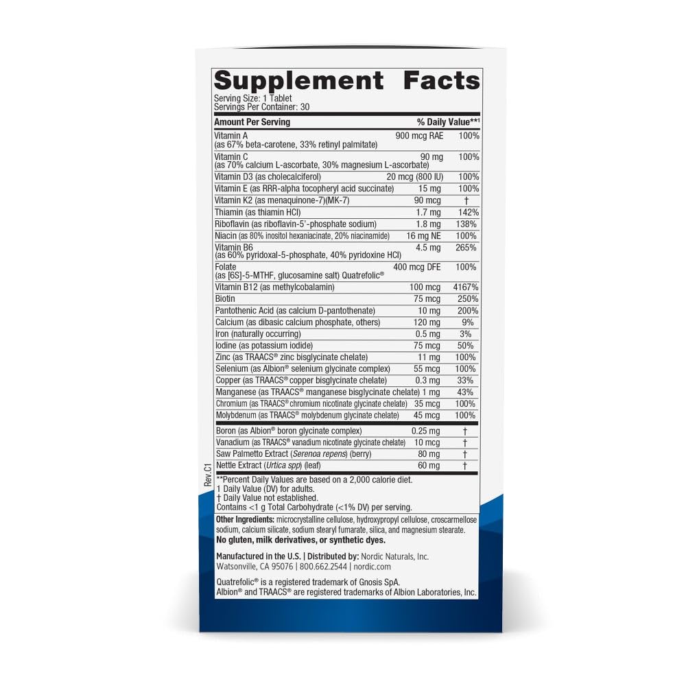 Nordic Naturals Men’s Multivitamin One Daily - Bone, Energy, & Blood-Vessel Support - Immunity Supplement - 20 Essential Nutrients - 30 Tablets - 30 Servings
