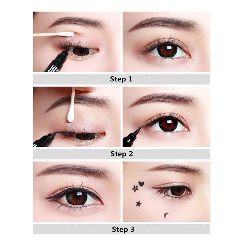 Pinkiou 2 in 1 Double-headed Liquid Eyeliner Pen Stamp Super Slim Gel Felt Tip High Pigment Black Waterproof Smudgeproof Long Lasting Tattoo Makeup Tool(Star)