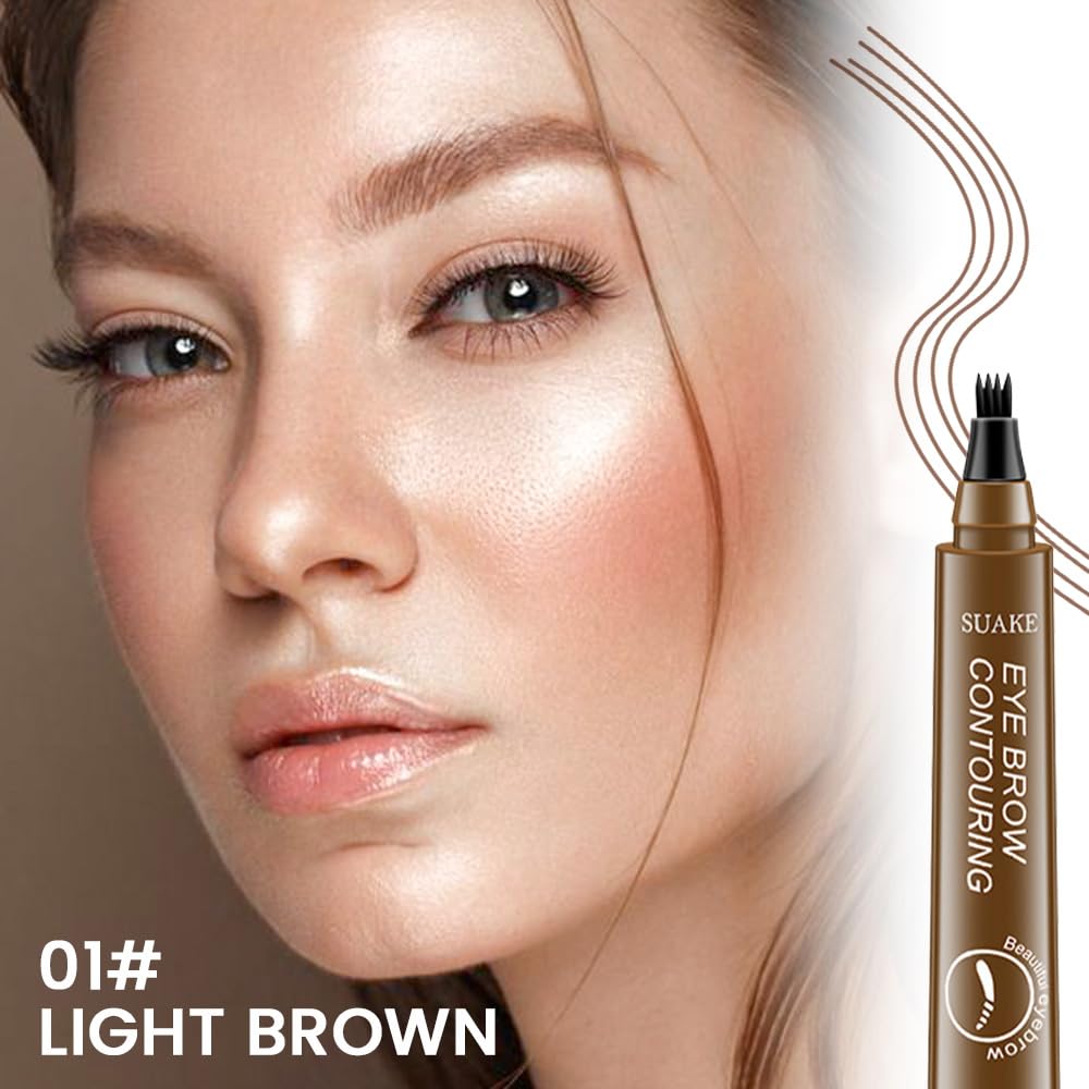 Kaely 2Pcs Light Dark Brown Microblade Eyebrow Pen With Brush, Magical Precise Waterproof Brow, Suake Eyebrow Contouring, 4 Tip Eye Brow Pencils for Women, Creates Natural Brows, Sponge Head 01+02