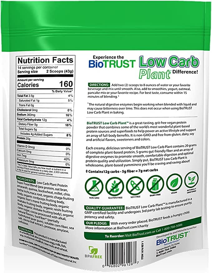 BioTrust Low Carb Plant, Delicious, Creamy, 20 Grams of Clean, Complete, Plant-Based Protein, 5 Grams Fiber, 15 Superfoods, Digestive Enzymes, Vegan, Dairy-Free - 14 Servings (Chocolate)