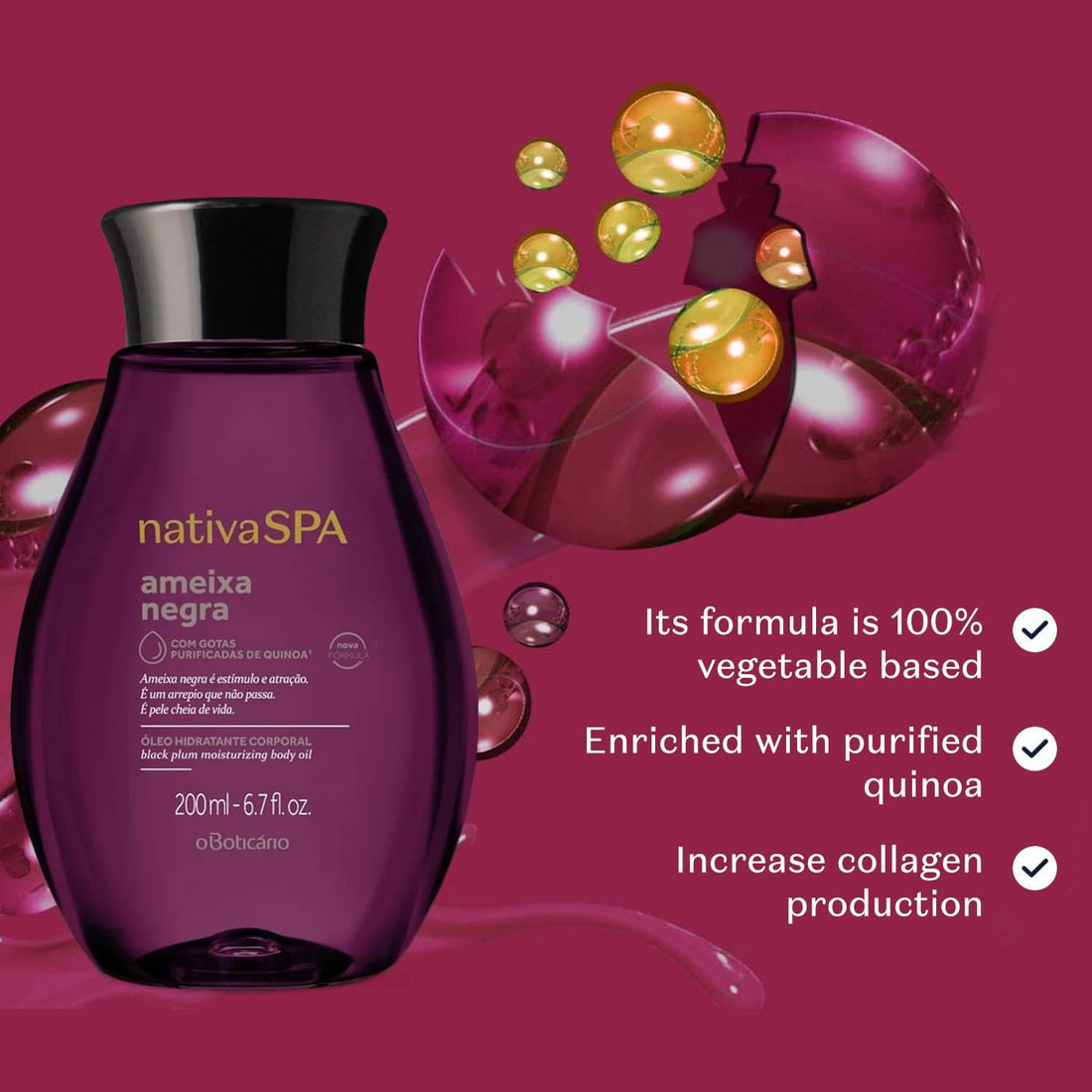 Nativa Spa Body Oil Black Plum by O Boticario | Ameixa Negra Ãƒâ€œleo Hidratante Corporal | Fragranced Moisturizing Oil with Purified Quinoa Drops (8.45 fl oz)