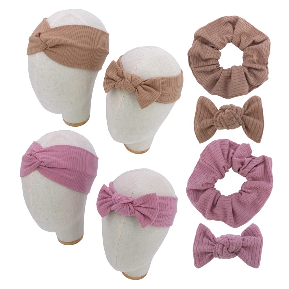 Mommy and Me Headband Set Mother Baby Matching Turban Headbands for Toddler Baby Girls Women Scrunchies Hair Bow Hairbands (Mauve and Latte)