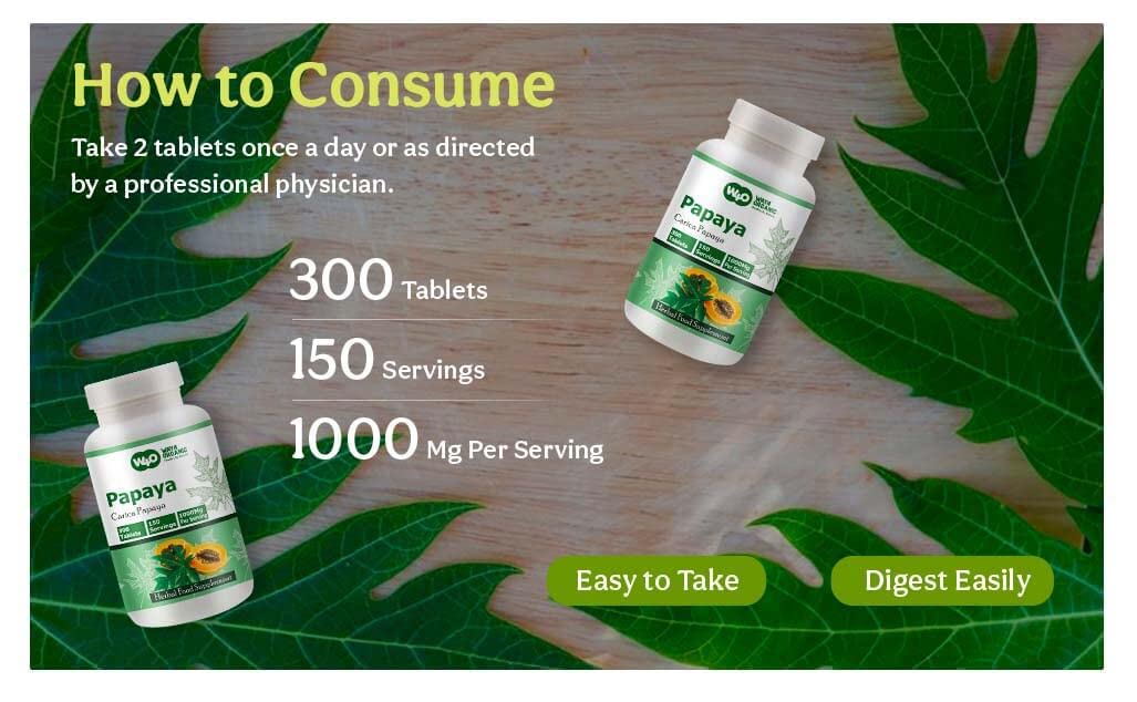 WAY 4 ORGANIC W4O Papaya Leaf Extract Capsules (Tablets) - 300 Pills, 150 Servings, 1000 mg, Supports Platelet Immunity & Digestion* (Pack of 1)