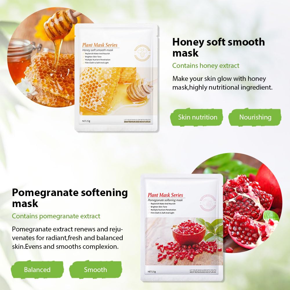 6 PCS Real Nature Hydrating Green Tea Honey Aloe Vera Face Mask skincare, Hyaluronic Acid, Vitamin C and E, Chamomile, Korean Beauty Essence Facial Paper Sheet Mask for SkinCare Moisturizing(Set01)