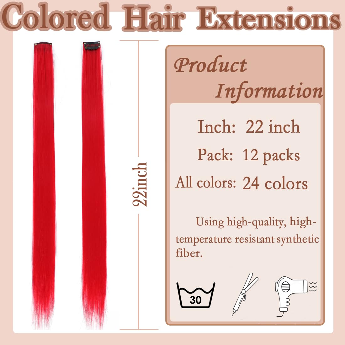 12 Pcs Red hair extensions 22 Inch Straight colored hair colorful clip in extensions Highlight Party for Kids Girls and Women Gift(Red,21)