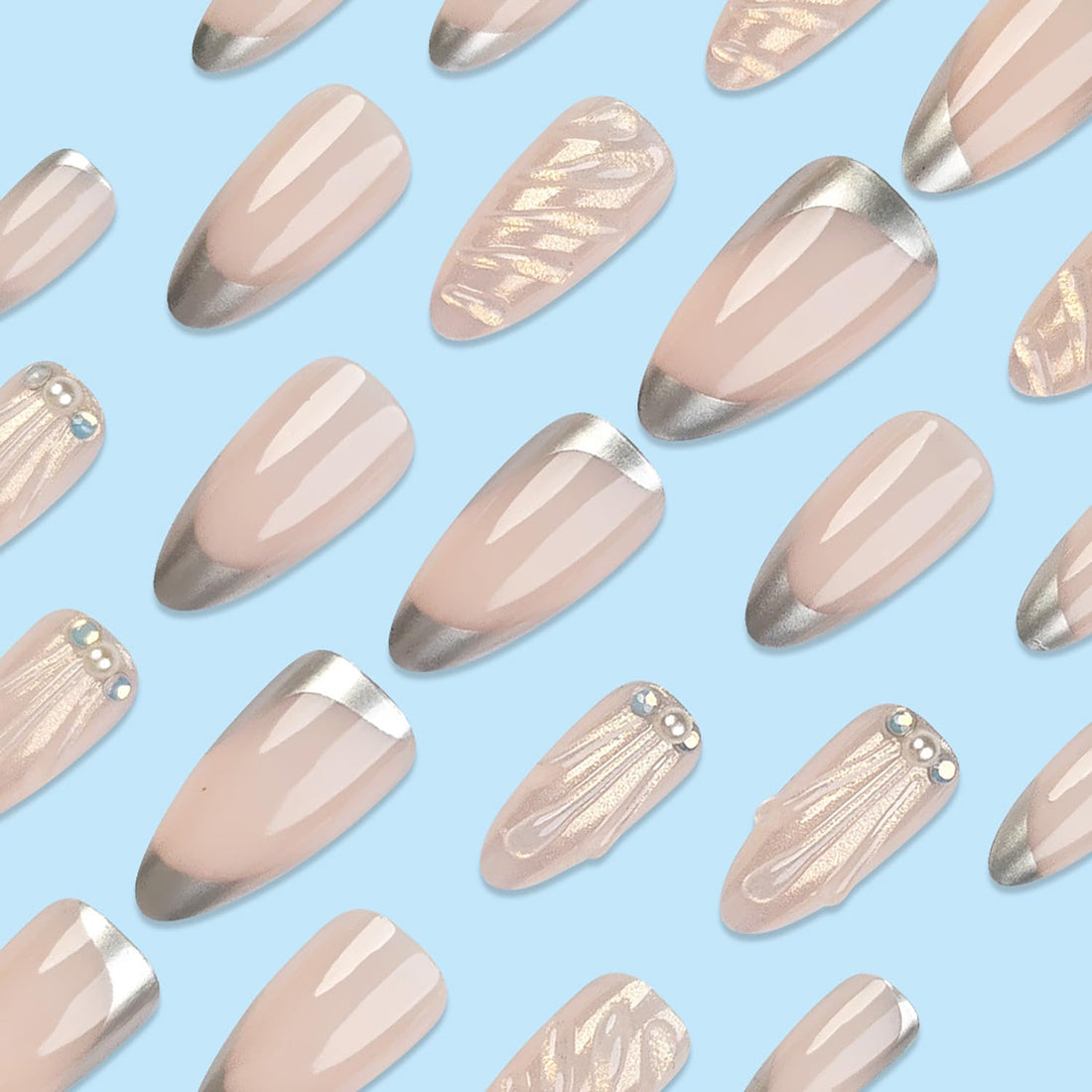 RIICFDD Medium Almond Press on Nails French Tip Fake Nails Sliver Tip Acrylic Nails 3D Water Ripple Glue on Nails Pearl Nail Charms Full Cover Reusable False Nails for Women Nail Art 24 Pcs