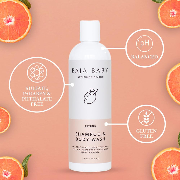 Baja Baby Citrus Shampoo and Body Wash - EWG Verified - Family Size - 16 fl oz - New and Improved - Free of Sulphates, Parabens and Phosphates - Dr Approved! (One Bottle)