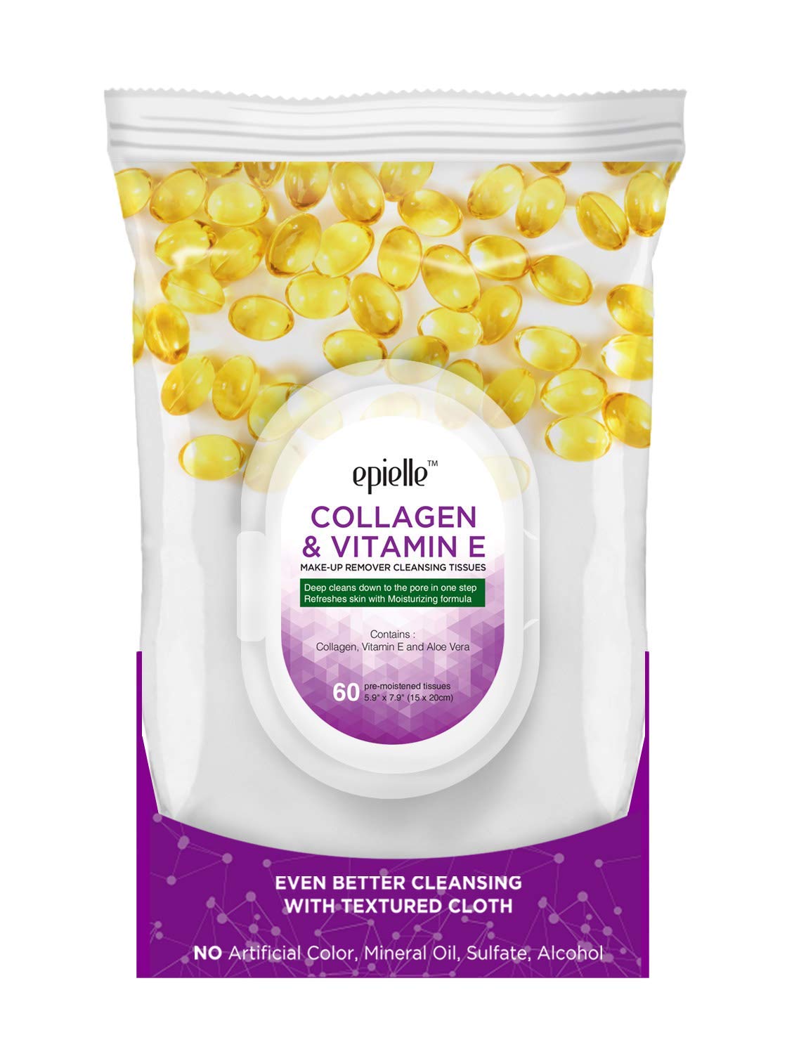 Epielle Collagen Infused Makeup Remover Cleansing Wipes | 60 Count, 2-Pack | Ideal for Beauty Gifts, Spa Days, Gift Sets | Korean Skincare