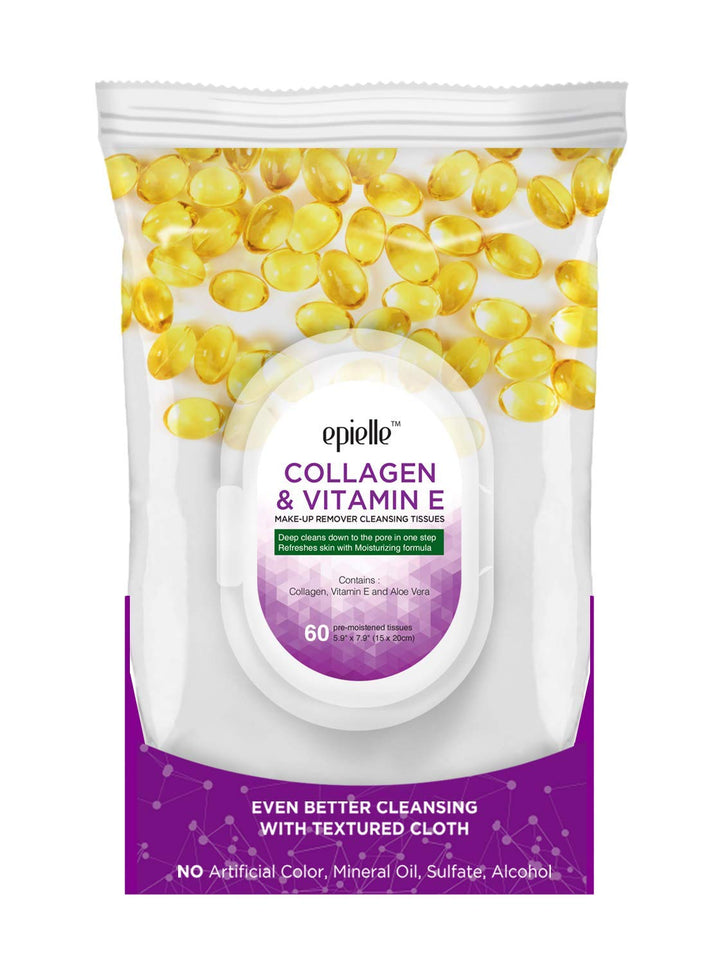 Epielle Collagen Infused Makeup Remover Cleansing Wipes | 60 Count, 2-Pack | Ideal for Beauty Gifts, Spa Days, Gift Sets | Korean Skincare